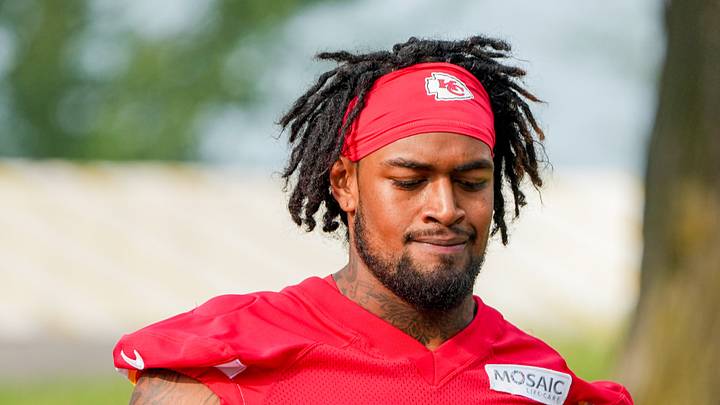 Jul 29, 2026; St. Joseph, MO, USA; Kansas City Chiefs   offensive tackle Josh Simmons (71) walks down the hill to the practice fields during training camp at Missouri Western State University. Mandatory Credit: Denny Medley-Imagn Images