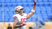 Panthers’ Samson Nacua celebrates as he scores a touchdown during the UFL game against the Memphis Showboats.