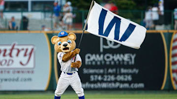 South Bend Cubs mascot Stu waves the winning flag after a minor league baseball game against the Lake County Captains at Four Winds Field on Friday, June 21, 2024, in South Bend.