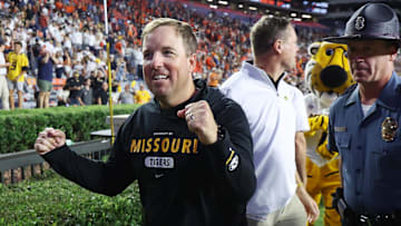 Oct 18, 2025; Auburn, Alabama, USA;  Missouri Tigers head coach Eli Drinkwitz celebrates after his team beat the Auburn Tigers in overtime at Jordan-Hare Stadium. Mandatory Credit: John Reed-Imagn Images