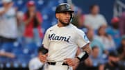 Miami Marlins catcher Agustin Ramirez (50) scores against the Cincinnati Reds during the second inning at loanDepot Park. 