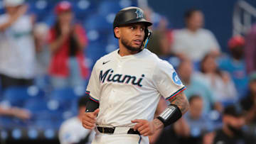 Miami Marlins catcher Agustin Ramirez (50) scores against the Cincinnati Reds during the second inning at loanDepot Park. 