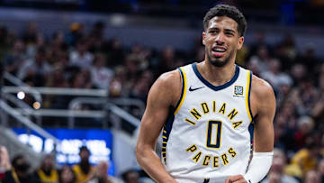 Mar 4, 2025; Indianapolis, Indiana, USA; Indiana Pacers guard Tyrese Haliburton (0) celebrates a made basket  in the second half against the Houston Rockets at Gainbridge Fieldhouse. Mandatory Credit: Trevor Ruszkowski-Imagn Images