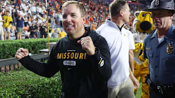 Missouri Tigers head coach Eli Drinkwitz celebrates after his team won, in a game versus the Auburn Tigers this season.
