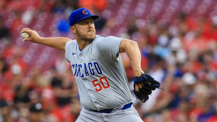 Jul 29, 2024; Cincinnati, Ohio, USA; Chicago Cubs starting pitcher Jameson Taillon (50) pitches against the Cincinnati Reds in the second inning at Great American Ball Park. 