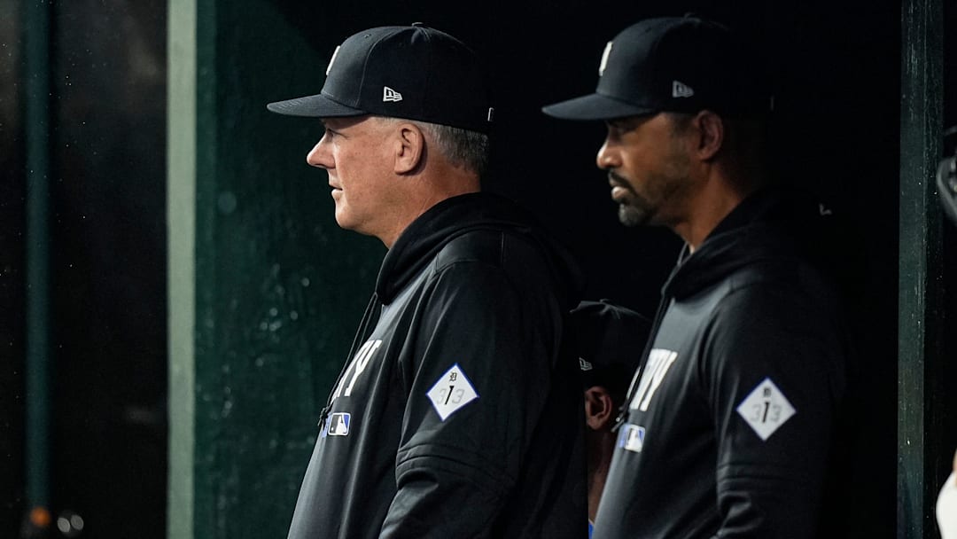 Detroit Tigers manager A.J. Hinch (14), left, and bench coach George Lombard.