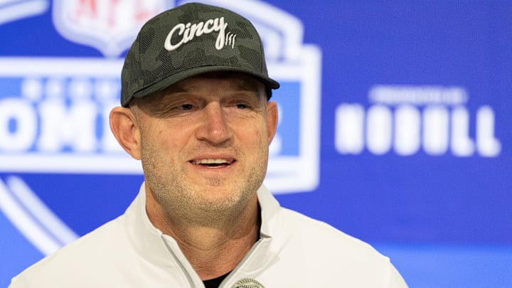 Feb 27, 2024; Indianapolis, IN, USA; Cincinnati Bengals director of player personnel Duke Tobin talks to the media at the 2024 NFL Combine at Indiana Convention Center. Mandatory Credit: Trevor Ruszkowski-Imagn Images