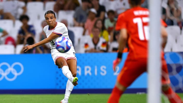 [US, Mexico & Canada customers only] Jul 28, 2024; Marseille, France; Mallory Swanson of United States takes a shot against Germany in a Group B match during the Paris 2024 Olympic Summer Games at Orange Velodrome. Mandatory Credit: Luisa Gonzalez/Reuters via USA TODAY Sports