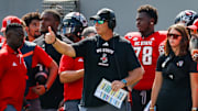Oct 5, 2024; Raleigh, North Carolina, USA; North Carolina State Wolfpack head coach Dave Doeren during the first half of the game against Wake Forest Demon Deacons at Carter-Finley Stadium. Mandatory Credit: Jaylynn Nash-Imagn Images