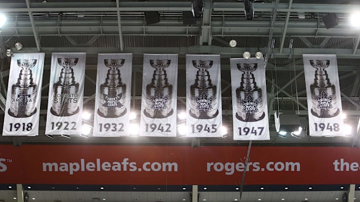 Mar 14, 2011; Toronto, ON, Canada; A general view of banners commemorating the last season the Toronto Maple Leafs won the Stanley Cup before the game against the Tampa Bay Lightning at the Air Canada Centre. Mandatory Credit: Tom Szczerbowski-Imagn Images