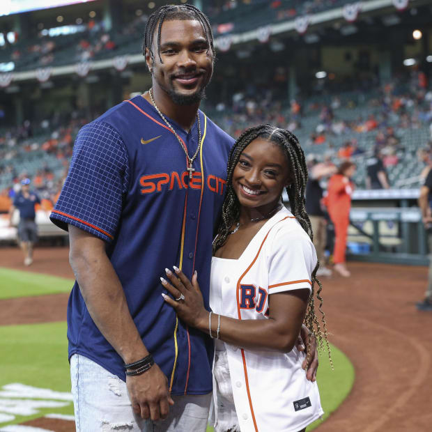 Olympic gold medalist gymnast Simone Biles and defensive back Jonathan Owens 