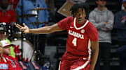 Feb 28, 2024; Oxford, Mississippi, USA; Alabama Crimson Tide guard Davin Cosby Jr. (4) reacts after a three point basket during the second half against the Mississippi Rebels at The Sandy and John Black Pavilion at Ole Miss. Mandatory Credit: Petre Thomas-Imagn Images
