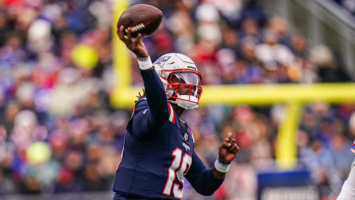 New England Patriots quarterback Joe Milton III throws a pass against the Buffalo Bills in the first half at Gillette Stadium New England Patriots quarterback Joe Milton III throws a pass against the Buffalo Bills in the first half at Gillette Stadium