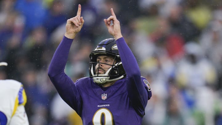 Dec 10, 2023; Baltimore, Maryland, USA;  Baltimore Ravens place kicker Justin Tucker (9) celebrates his field goal during the second half against the Los Angeles Rams at M&T Bank Stadium. Mandatory Credit: Jessica Rapfogel-USA TODAY Sports