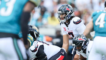 Sep 21, 2025; Jacksonville, Florida, USA; Houston Texans quarterback C.J. Stroud (7) looks on before the start of a play against the Jacksonville Jaguars in the first quarter at EverBank Stadium. Mandatory Credit: Morgan Tencza-Imagn Images