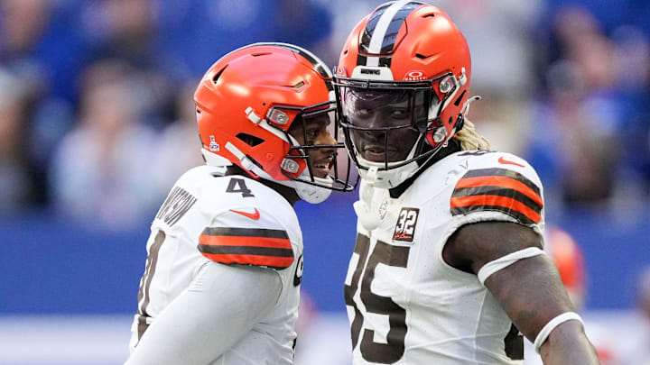 Cleveland Browns quarterback Deshaun Watson (4) and Cleveland Browns tight end David Njoku (85) react after a touchdown Sunday, Oct. 22, 2023, during a game against the Indianapolis Colts at Lucas Oil Stadium in Indianapolis.