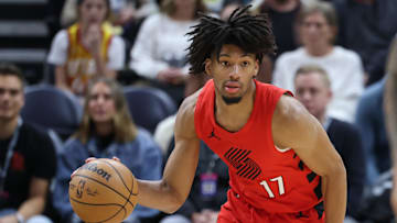 Dec 2, 2023; Salt Lake City, Utah, USA; Portland Trail Blazers guard Shaedon Sharpe (17) brings the ball up the court against the Utah Jazz during the first quarter at Delta Center. Mandatory Credit: Rob Gray-Imagn Images
