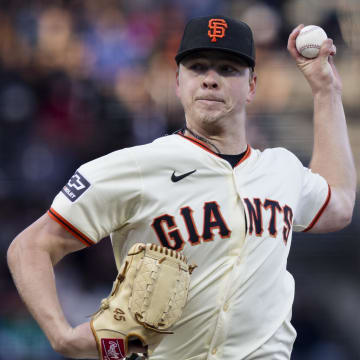 Jun 10, 2024; San Francisco, California, USA; San Francisco Giants starting pitcher Kyle Harrison (45) throws against the Houston Astros during the first inning at Oracle Park