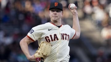 Jun 10, 2024; San Francisco, California, USA; San Francisco Giants starting pitcher Kyle Harrison (45) throws against the Houston Astros during the first inning at Oracle Park.