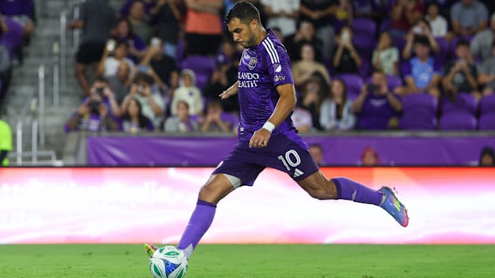 May 10, 2025; Orlando, Florida, USA; Orlando City midfielder Martin Ojeda (10) scores on a penalty kick against the New England Revolution in the second half at Inter&Co Stadium. Mandatory Credit: Nathan Ray Seebeck-Imagn Images