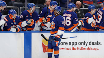 Feb 23, 2025; Elmont, New York, USA; New York Islanders left wing Anthony Duclair (11) celebrates his goal against the Dallas Stars with teammates during the third period at UBS Arena. Mandatory Credit: Brad Penner-Imagn Images