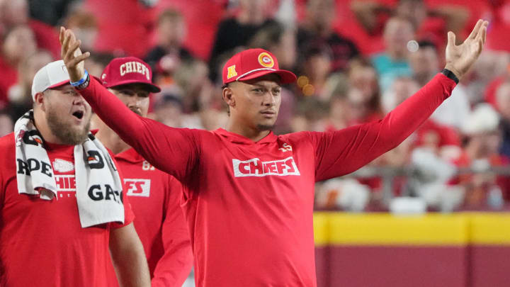 Aug 22, 2024; Kansas City, Missouri, USA; Kansas City Chiefs quarterback Patrick Mahomes (15) reacts to play against the Chicago Bears during the second half at GEHA Field at Arrowhead Stadium. Mandatory Credit: Denny Medley-USA TODAY Sports