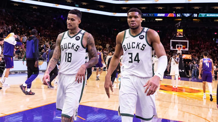Milwaukee Bucks forward Kyle Kuzma and forward Giannis Antetokounmpo on Mar 24, 2025. | Mark J. Rebilas-Imagn Images