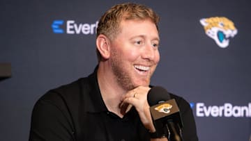 Apr 25, 2025; Jacksonville, FL, USA; Jacksonville Jaguars head coach Liam Coen talks to the media during a press conference to introduce first round draft pick Travis Hunter (not pictured) at Miller Electric Center. 