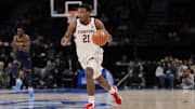 Mar 12, 2025; Charlotte, NC, USA;  Stanford Cardinal guard Jaylen Blakes (21) brings the ball up court against the California Golden Bears during the second half at Spectrum Center. Mandatory Credit: Jim Dedmon-Imagn Images