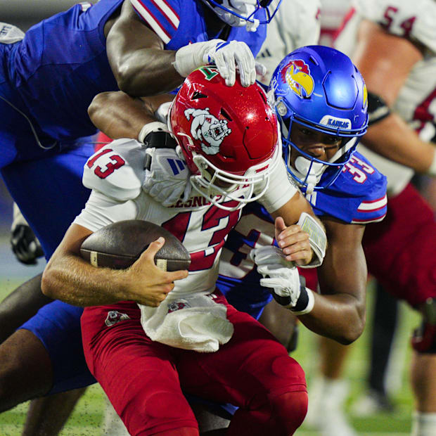Leroy Harris III (33) leads a stout Kansas defensive line with 3.5 sacks halfway through the 2025 season.