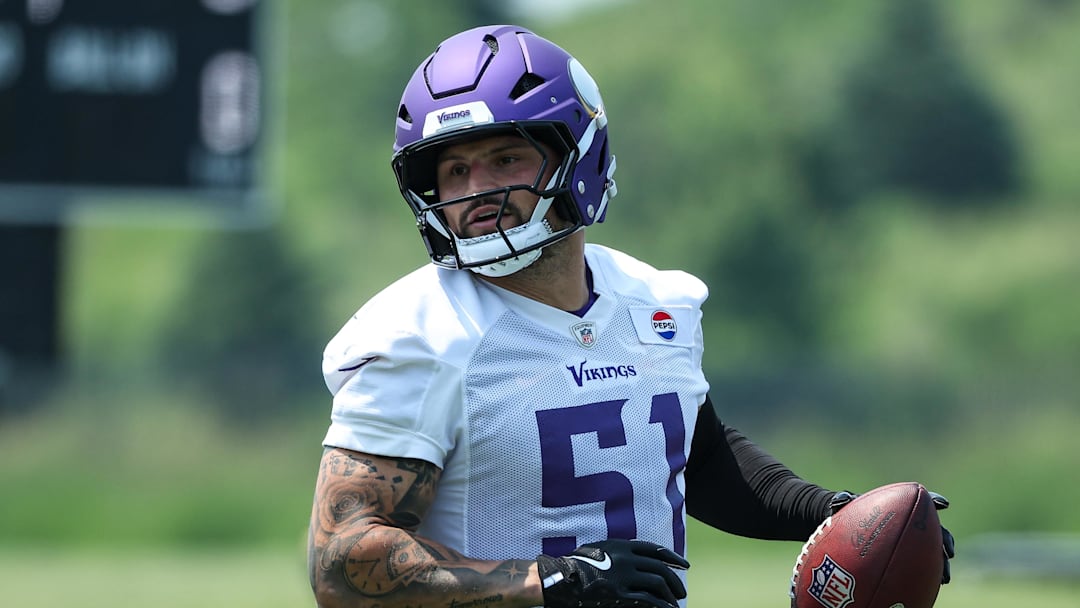 Jun 10, 2025; Minneapolis, MN, USA; Minnesota Vikings linebacker Blake Cashman (51) practices during minicamp at the Minnesota Vikings Training Facility. Mandatory Credit: Matt Krohn-Imagn Images