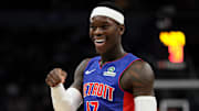 Mar 30, 2025; Minneapolis, Minnesota, USA; Detroit Pistons guard Dennis Schroder (17) reacts during the second quarter against the Minnesota Timberwolves at Target Center. Mandatory Credit: Matt Krohn-Imagn Images