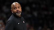 Mar 30, 2025; Minneapolis, Minnesota, USA; Detroit Pistons head coach J.B. Bickerstaff looks on during the first quarter against the Minnesota Timberwolves at Target Center. Mandatory Credit: Matt Krohn-Imagn Images