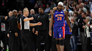 Mar 30, 2025; Minneapolis, Minnesota, USA; Detroit Pistons center Isaiah Stewart (28) reacts after a fight against the Minnesota Timberwolves during the second quarter at Target Center. Stewart was later ejected from the game. Mandatory Credit: Matt Krohn-Imagn Images