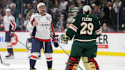 Mar 27, 2025; Saint Paul, Minnesota, USA; Washington Capitals left wing Alex Ovechkin (8) and Minnesota Wild goaltender Marc-Andre Fleury (29) shake hands after the game at Xcel Energy Center. Mandatory Credit: Matt Krohn-Imagn Images