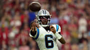 Nov 14, 2021; Glendale, Arizona, USA; Carolina Panthers quarterback P.J. Walker (6) throws the ball against the Arizona Cardinals during the second half at State Farm Stadium. Mandatory Credit: Joe Camporeale-Imagn Images