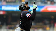 May 21, 2025; Minneapolis, Minnesota, USA; Cleveland Guardians first baseman Carlos Santana (41) celebrates as he runs the bases after hitting a solo home run against the Minnesota Twins in the fourth inning during game one of a doubleheader at Target Field.