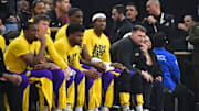 Feb 4, 2025; Inglewood, California, USA; against the Los Angeles Lakers guard Luka Doncic watches game action against the against the Los Angeles Clippers during the first half at Intuit Dome. Mandatory Credit: Gary A. Vasquez-Imagn Images