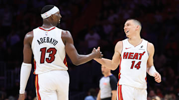 Miami's Bam Adebayo (left) and Tyler Herro (right) pictured versus New Orleans