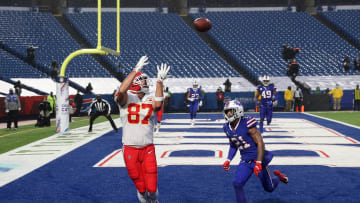 Chiefs tight end Travis Kelce catches this 12-yard touchdown pass over Bills Jordan Poyer. The