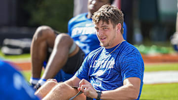 Oct 4, 2025; Athens, Georgia, USA; Kentucky Wildcats quarterback Zach Calzada (5) warms up on the field before the game against the Georgia Bulldogs at Sanford Stadium. Mandatory Credit: Dale Zanine-Imagn Images