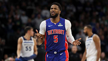 Mar 30, 2025; Minneapolis, Minnesota, USA; Detroit Pistons guard Malik Beasley (5) reacts during the second quarter against the Minnesota Timberwolves at Target Center. Mandatory Credit: Matt Krohn-Imagn Images