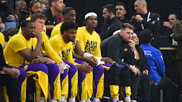 Feb 4, 2025; Inglewood, California, USA; against the Los Angeles Lakers guard Luka Doncic watches game action against the against the Los Angeles Clippers during the first half at Intuit Dome. Mandatory Credit: Gary A. Vasquez-Imagn Images