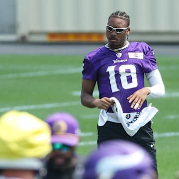 Jun 10, 2025; Minneapolis, MN, USA; Minnesota Vikings wide receiver Justin Jefferson (18) watches practice during minicamp at the Minnesota Vikings Training Facility. Mandatory Credit: Matt Krohn-Imagn Images