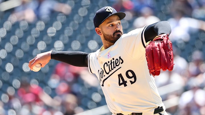 May 11, 2025; Minneapolis, Minnesota, USA; Minnesota Twins starting pitcher Pablo Lopez (49) delivers a pitch against the San Francisco Giants during the first inning at Target Field. Mandatory Credit: Matt Krohn-Imagn Images