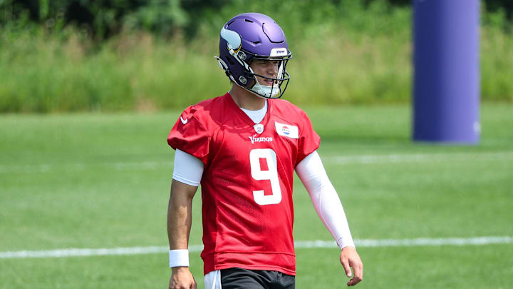 Jun 10, 2025; Minneapolis, MN, USA; Minnesota Vikings quarterback J.J. McCarthy (9) practices during minicamp at the Minnesota Vikings Training Facility. Mandatory Credit: Matt Krohn-Imagn Images