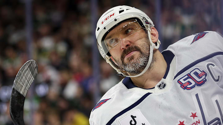 Mar 27, 2025; Saint Paul, Minnesota, USA; Washington Capitals left wing Alex Ovechkin (8) looks on during the second period against the Minnesota Wild at Xcel Energy Center. Mandatory Credit: Matt Krohn-Imagn Images