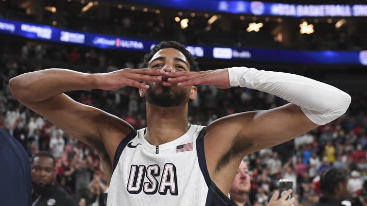 Jul 10, 2024; Las Vegas, Nevada, USA; USA guard Tyrese Haliburton (9) gestures to the fans after defeating Canada in the USA Basketball Showcase at T-Mobile Arena. Mandatory Credit: Candice Ward-USA TODAY Sports