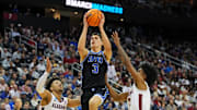 Mar 27, 2025; Newark, NJ, USA; Brigham Young Cougars guard Egor Demin (3) drives to the basket against Alabama Crimson Tide guard Mark Sears (1) during the second half during an East Regional semifinal of the 2025 NCAA tournament at Prudential Center. Mandatory Credit: Robert Deutsch-Imagn Images