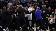 Minnesota Timberwolves and Detroit Pistons players get into a fight during the second quarter at Target Center. 